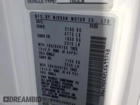 2020 Nissan NV200 SV with VIN 3N6CM0KN2LK699748, listed as a Copart auction lot 60076015 with 152,243 mi miles and Salvage title. Bid and sale history available at DreamBid. Image 13.