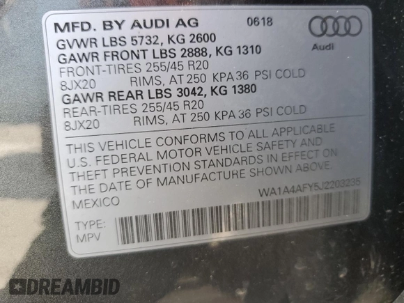 2018 Audi SQ5 Premium Plus with VIN WA1A4AFY5J2203235, listed as a Copart auction lot 59722803 with 46,316 mi miles. Bid and sale history available at carsss.com. Image 14.