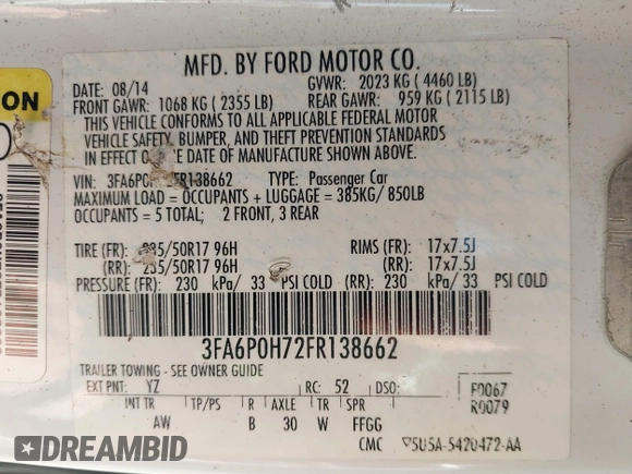 2015 Ford Fusion SE with VIN 3FA6P0H72FR138662, listed as a IAAI auction lot 41964087 with 190,982 mi miles and . Bid and sale history available at DreamBid. Image 9.