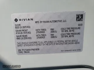 2023 Rivian R1T Adventure with VIN 7FCTGAAA1PN019038, listed as a Copart auction lot 80917644 with 2,917 mi miles and Salvage Title. Bid and sale history available at carsss.com. Image 12.