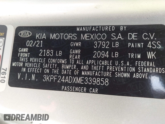 2021 Kia Forte LXS with VIN 3KPF24ADXME339858, listed as a IAAI auction lot 41935743 with 46,091 mi miles. Bid and sale history available at carsss.com. Image 9.