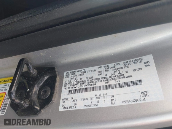 2017 Ford F-150 XL with VIN 1FTEW1CF5HFC29888, listed as a IAAI auction lot 41932406 with 69,246 mi miles. Bid and sale history available at carsss.com. Image 9.