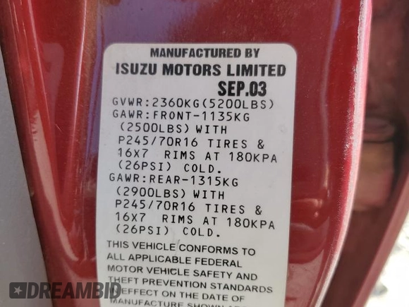2004 Isuzu Rodeo S with VIN 4S2DM58W844300545, listed as a Copart auction lot 72277394 with Not Provided miles and Clean Title. Bid and sale history available at DreamBid. Image 12.