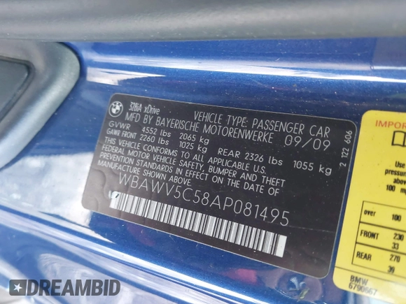 2010 BMW 3 Series with VIN WBAWV5C58AP081495, listed as a IAAI auction lot 41409908 with Not provided miles and . Bid and sale history available at DreamBid. Image 9.