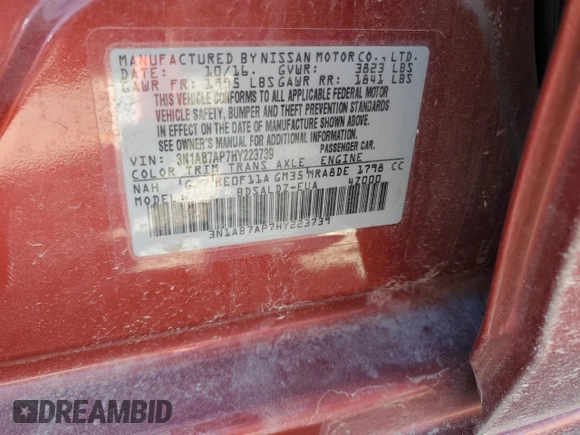 2017 Nissan Sentra SV with VIN 3N1AB7AP7HY223739, listed as a Copart auction lot 49300115 with 107,096 mi miles and Salvage Title. Bid and sale history available at DreamBid. Image 14.