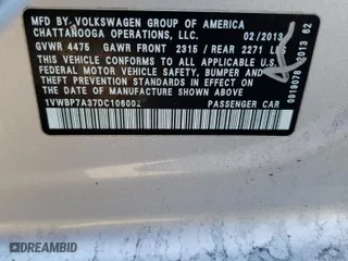 2013 Volkswagen Passat SE with VIN 1VWBP7A37DC106002, listed as a Copart auction lot 83014264 with 215,406 mi miles and Salvage Title. Bid and sale history available at carsss.com. Image 14.