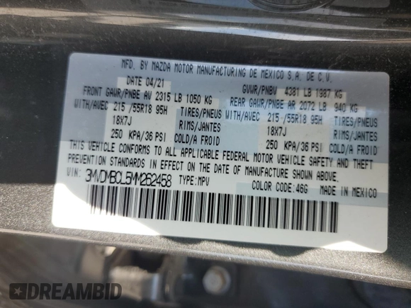 2021 Mazda CX-30 Preferred with VIN 3MVDMBCL5MM262458, listed as a Copart auction lot 56368995 with 77,394 mi miles and Salvage title. Bid and sale history available at DreamBid. Image 13.