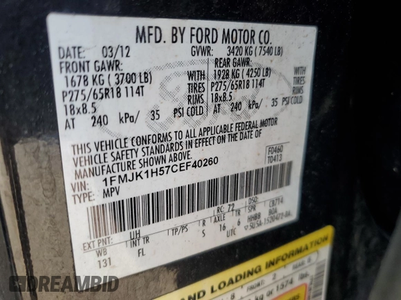 2012 Ford Expedition Max King Ranch z VIN 1FMJK1H57CEF40260, wystawiony jako Copart lot #49043955 z przebiegiem Nie podano mil oraz Szkoda całkowita • Salvage title. Historia ofert i sprzedaży dostępna na DreamBid. Obrazek 14.