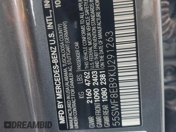 2019 Mercedes-Benz C 300 with VIN 55SWF8EB9KU291263, listed as a Copart auction lot 53549245 with 35,616 mi miles and Salvage Title. Bid and sale history available at carsss.com. Image 12.