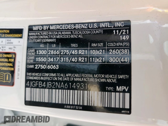2022 Mercedes-Benz GLE 350 with VIN 4JGFB4JB2NA614931, listed as a Copart auction lot 57523185 with 51,340 mi miles and Salvage title. Bid and sale history available at DreamBid. Image 13.