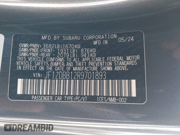 2024 Subaru BRZ Premium with VIN JF1ZDBB12R9701893, listed as a IAAI auction lot 41445852 with 8,759 mi miles. Bid and sale history available at carsss.com. Image 9.