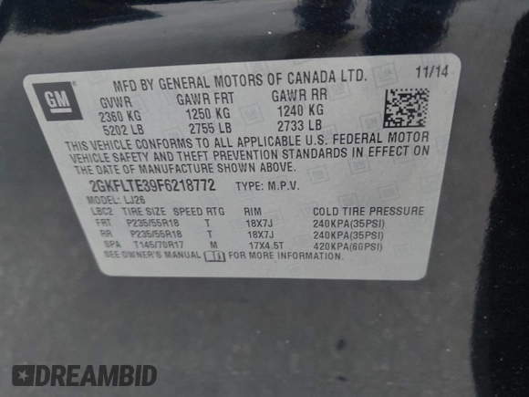 2015 GMC Terrain SLT with VIN 2GKFLTE39F6218772, listed as a IAAI auction lot 41591831 with 109,449 mi miles and . Bid and sale history available at DreamBid. Image 9.