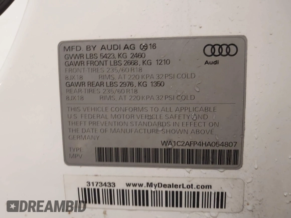 2017 Audi Q5 Premium z VIN WA1C2AFP4HA054807, wystawiony jako IAAI lot #42323886 z przebiegiem 107 653 mil mil oraz . Historia ofert i sprzedaży dostępna na DreamBid. Obrazek 9.
