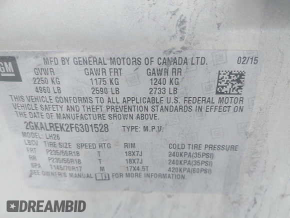 2015 GMC Terrain SLE with VIN 2GKALREK2F6301528, listed as a IAAI auction lot 40977094 with 178,985 mi miles. Bid and sale history available at carsss.com. Image 9.
