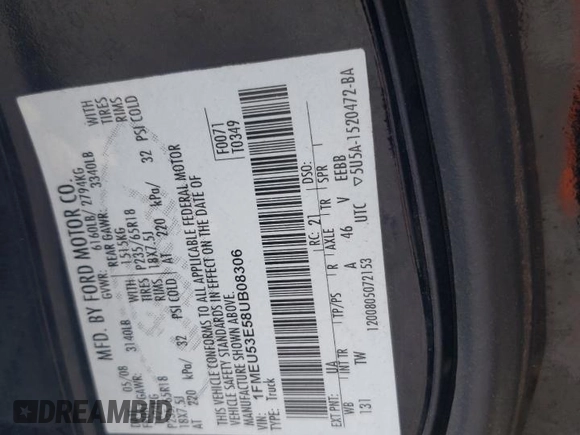 2008 Ford Explorer Sport Trac Limited с VIN 1FMEU53E58UB08306, выставлен на аукционе Copart как лот 66154715 с пробегом 200 106 миль миль и Чистый • Clean title. История ставок и продаж доступна на DreamBid. Изображение 12.