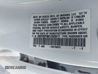2015 Honda Civic Sedan EX-L with VIN 19XFB2F90FE025017, listed as a IAAI auction lot 41883776 with 98,314 mi miles. Bid and sale history available at carsss.com. Image 9.