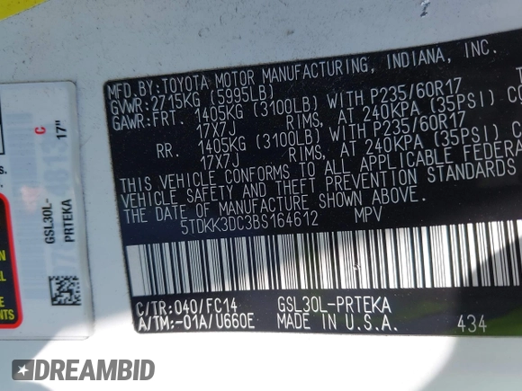 2011 Toyota Sienna LE AAS with VIN 5TDKK3DC3BS164612, listed as a IAAI auction lot 42302123 with 165,941 mi miles and . Bid and sale history available at DreamBid. Image 9.