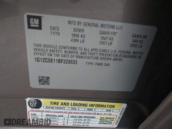 2011 Chevrolet Malibu 1LT with VIN 1G1ZC5E11BF229633, listed as a IAAI auction lot 41916498 with 145,268 mi miles and . Bid and sale history available at DreamBid. Image 9.