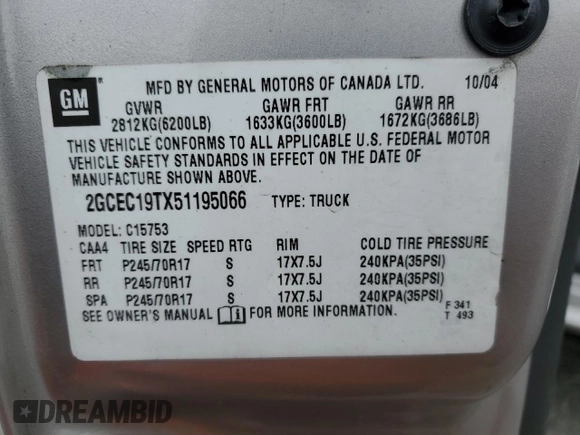 2005 Chevrolet Silverado 1500 LS z VIN 2GCEC19TX51195066, wystawiony jako Copart lot #56868765 z przebiegiem 162 105 mil mil oraz Czysty tytuł • Clean title. Historia ofert i sprzedaży dostępna na DreamBid. Obrazek 12.