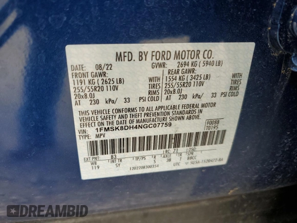 2022 Ford Explorer XLT с VIN 1FMSK8DH4NGC07759, выставлен на аукционе Copart как лот 56911615 с пробегом 33 369 миль миль и Списание • Salvage title. История ставок и продаж доступна на DreamBid. Изображение 13.