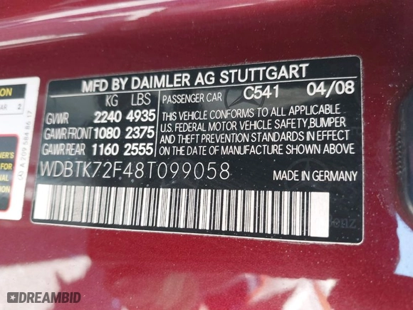 2008 Mercedes-Benz CLK-Class 5.5L with VIN WDBTK72F48T099058, listed as a IAAI auction lot 42039321 with 83,328 mi miles. Bid and sale history available at carsss.com. Image 9.