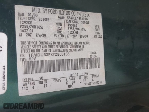 2000 Ford Explorer XLT z VIN 1FMDU83PXYZB03135, wystawiony jako Copart lot #45352705 z przebiegiem 228 604 mil mil oraz Szkoda całkowita • Salvage title. Historia ofert i sprzedaży dostępna na DreamBid. Obrazek 16.