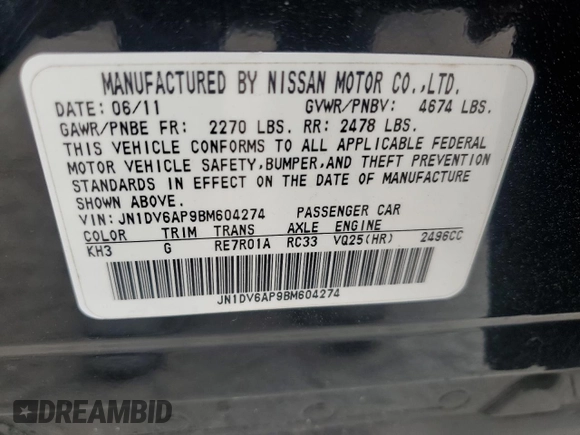 2011 Infiniti G25 Journey z VIN JN1DV6AP9BM604274, wystawiony jako Copart lot #55706665 z przebiegiem 150 703 mil mil oraz Szkoda całkowita • Salvage title. Historia ofert i sprzedaży dostępna na DreamBid. Obrazek 12.