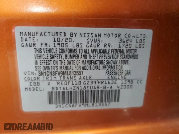 2021 Nissan Versa SR with VIN 3N1CN8FV9ML813557, listed as a Copart auction lot 60242635 with 65,825 mi miles and Salvage title. Bid and sale history available at DreamBid. Image 13.