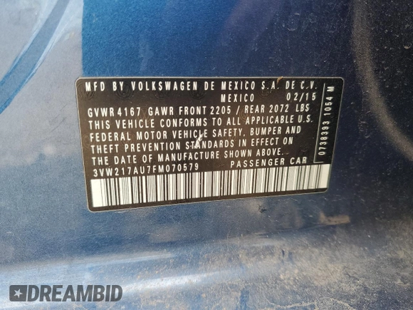2015 Volkswagen Golf TSI SE z VIN 3VW217AU7FM070579, wystawiony jako Copart lot #58259275 z przebiegiem 98 090 mil mil oraz Szkoda całkowita • Salvage title. Historia ofert i sprzedaży dostępna na DreamBid. Obrazek 12.