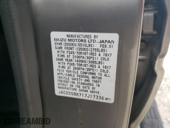 2001 Isuzu Trooper S z VIN JACDS58X717J17334, wystawiony jako Copart lot #47590455 z przebiegiem 167 042 mil mil oraz Czysty tytuł • Clean title. Historia ofert i sprzedaży dostępna na DreamBid. Obrazek 13.