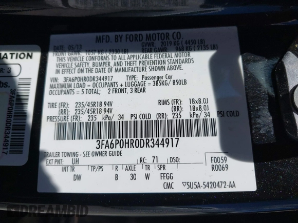 2013 Ford Fusion SE with VIN 3FA6P0HR0DR344917, listed as a IAAI auction lot 42800597 with 82,730 mi miles and . Bid and sale history available at DreamBid. Image 9.