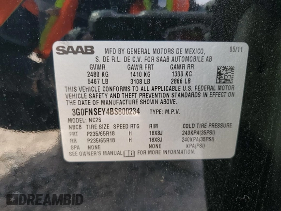 2011 Saab 9-4X Premium z VIN 3G0FNSEY4BS800234, wystawiony jako Copart lot #53293205 z przebiegiem 134 984 mil mil oraz Szkoda całkowita • Salvage title. Historia ofert i sprzedaży dostępna na DreamBid. Obrazek 13.