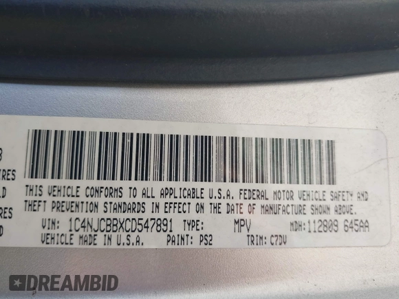 2012 Jeep Compass Sport with VIN 1C4NJCBBXCD547891, listed as a IAAI auction lot 41971755 with 203,567 mi miles. Bid and sale history available at carsss.com. Image 9.