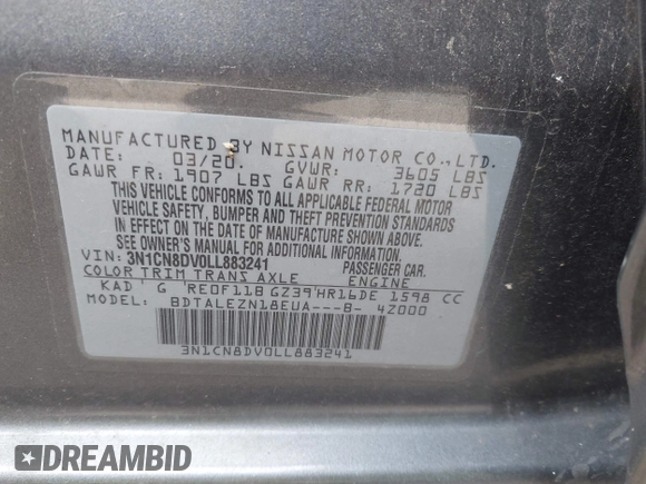 2020 Nissan Versa S z VIN 3N1CN8DV0LL883241, wystawiony jako IAAI lot #42186246 z przebiegiem 149 150 mil mil oraz . Historia ofert i sprzedaży dostępna na DreamBid. Obrazek 9.