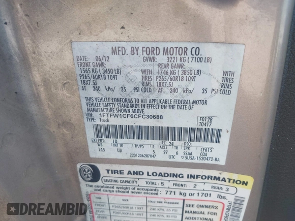 2012 Ford F-150 XL z VIN 1FTFW1CF6CFC30688, wystawiony jako IAAI lot #42081195 z przebiegiem Nie podano mil oraz . Historia ofert i sprzedaży dostępna na DreamBid. Obrazek 9.