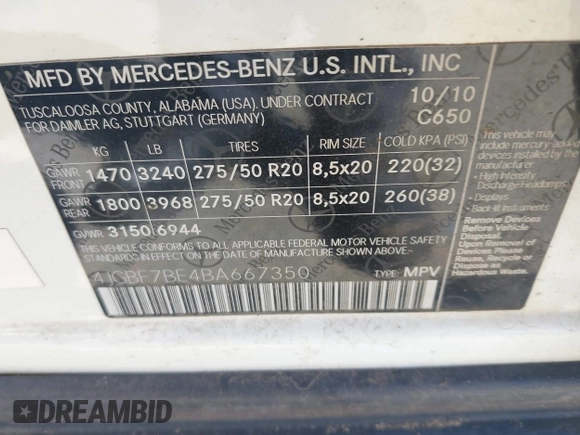 2011 Mercedes-Benz GL-Class GL 450 with VIN 4JGBF7BE4BA667350, listed as a IAAI auction lot 42148010 with 253,571 mi miles. Bid and sale history available at carsss.com. Image 9.