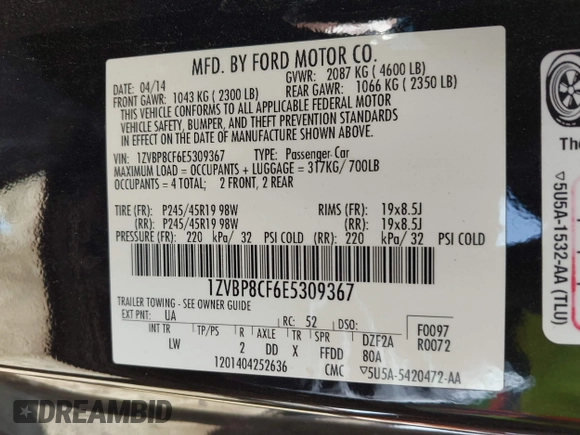 2014 Ford Mustang GT with VIN 1ZVBP8CF6E5309367, listed as a IAAI auction lot 42013913 with 147,786 mi miles and . Bid and sale history available at DreamBid. Image 9.