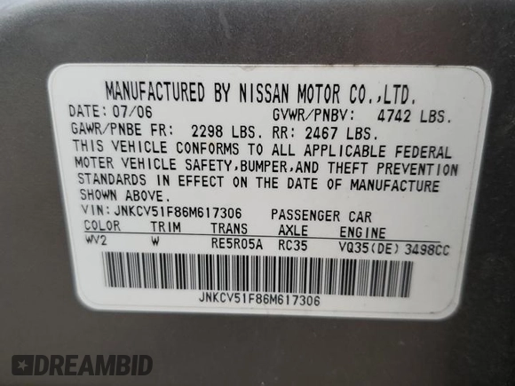 2006 Infiniti G35 with VIN JNKCV51F86M617306, listed as a Copart auction lot 78437824 with 121,759 mi miles and Clean Title. Bid and sale history available at DreamBid. Image 12.