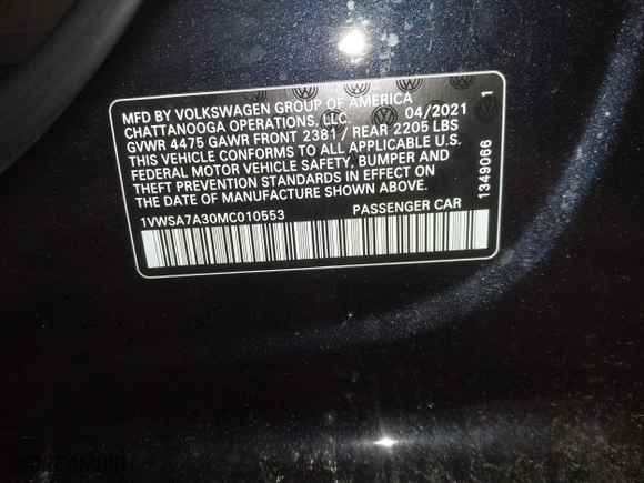 2021 Volkswagen Passat 2.0T SE with VIN 1VWSA7A30MC010553, listed as a IAAI auction lot 41581624 with 26,320 mi miles. Bid and sale history available at carsss.com. Image 9.