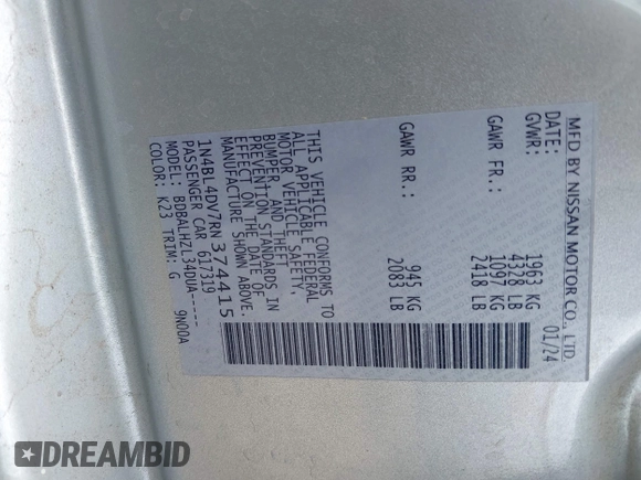 2024 Nissan Altima SV с VIN 1N4BL4DV7RN374415, выставлен на аукционе IAAI как лот 42391991 с пробегом 35 999 миль миль и . История ставок и продаж доступна на DreamBid. Изображение 9.