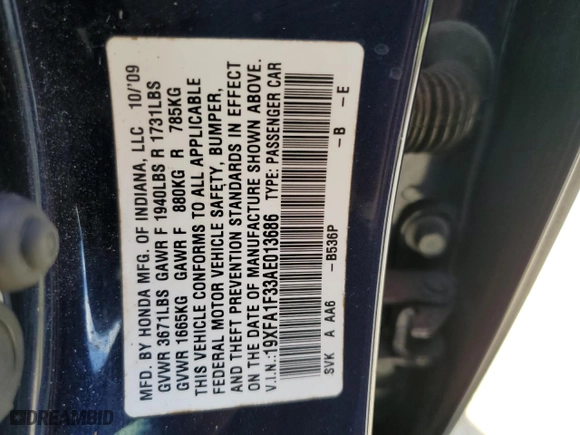 2010 Honda Civic Sdn DX-VP with VIN 19XFA1F33AE013686, listed as a Copart auction lot 49684535 with 172,257 mi miles and Salvage Title. Bid and sale history available at carsss.com. Image 12.