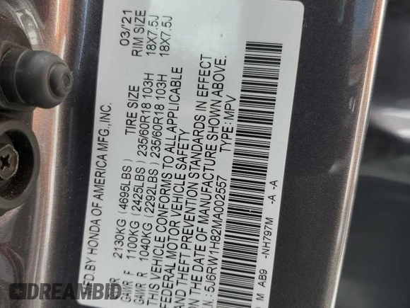 2021 Honda CR-V EX-L с VIN 5J6RW1H82MA002557, выставлен на аукционе Copart как лот 60217005 с пробегом 61 397 миль миль и Списание • Salvage title. История ставок и продаж доступна на DreamBid. Изображение 13.