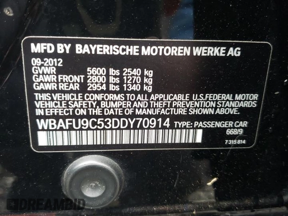 2013 BMW 5 Series 550i xDrive with VIN WBAFU9C53DDY70914, listed as a Copart auction lot 43546435 with 144,165 mi miles and Salvage Title. Bid and sale history available at carsss.com. Image 12.