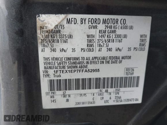 2015 Ford F-150 XLT with VIN 1FTEX1EP7FFA52955, listed as a IAAI auction lot 40799137 with 134,290 mi miles. Bid and sale history available at carsss.com. Image 9.