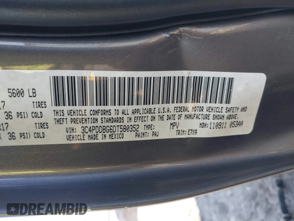 2013 Dodge Journey SXT with VIN 3C4PDDBG6DT580352, listed as a IAAI auction lot 41547504 with 183,871 mi miles and . Bid and sale history available at DreamBid. Image 9.