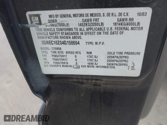 2004 Chevrolet Suburban LS z VIN 3GNEC16Z04G158694, wystawiony jako IAAI lot #42787780 z przebiegiem 344 747 mil mil oraz . Historia ofert i sprzedaży dostępna na DreamBid. Obrazek 9.