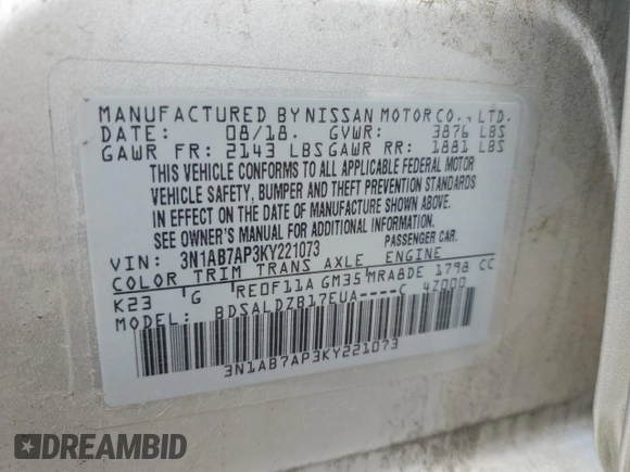 2019 Nissan Sentra S with VIN 3N1AB7AP3KY221073, listed as a Copart auction lot 53908665 with 128,640 mi miles and Clean Title. Bid and sale history available at carsss.com. Image 12.