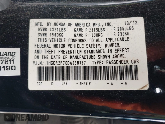 2013 Honda Accord EX z VIN 1HGCR2F70DA036727, wystawiony jako IAAI lot #42124584 z przebiegiem 190 166 mil mil oraz . Historia ofert i sprzedaży dostępna na DreamBid. Obrazek 9.