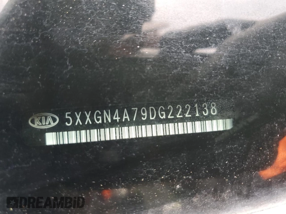 2013 Kia Optima EX with VIN 5XXGN4A79DG222138, listed as a Copart auction lot 56686335 with 85,801 mi miles and Salvage title. Bid and sale history available at DreamBid. Image 12.