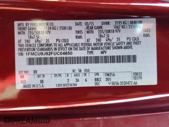 2015 Ford Escape Titanium with VIN 1FMCU9J92FUC04850, listed as a Copart auction lot 47114845 with 133,011 mi miles and Salvage Title. Bid and sale history available at DreamBid. Image 13.